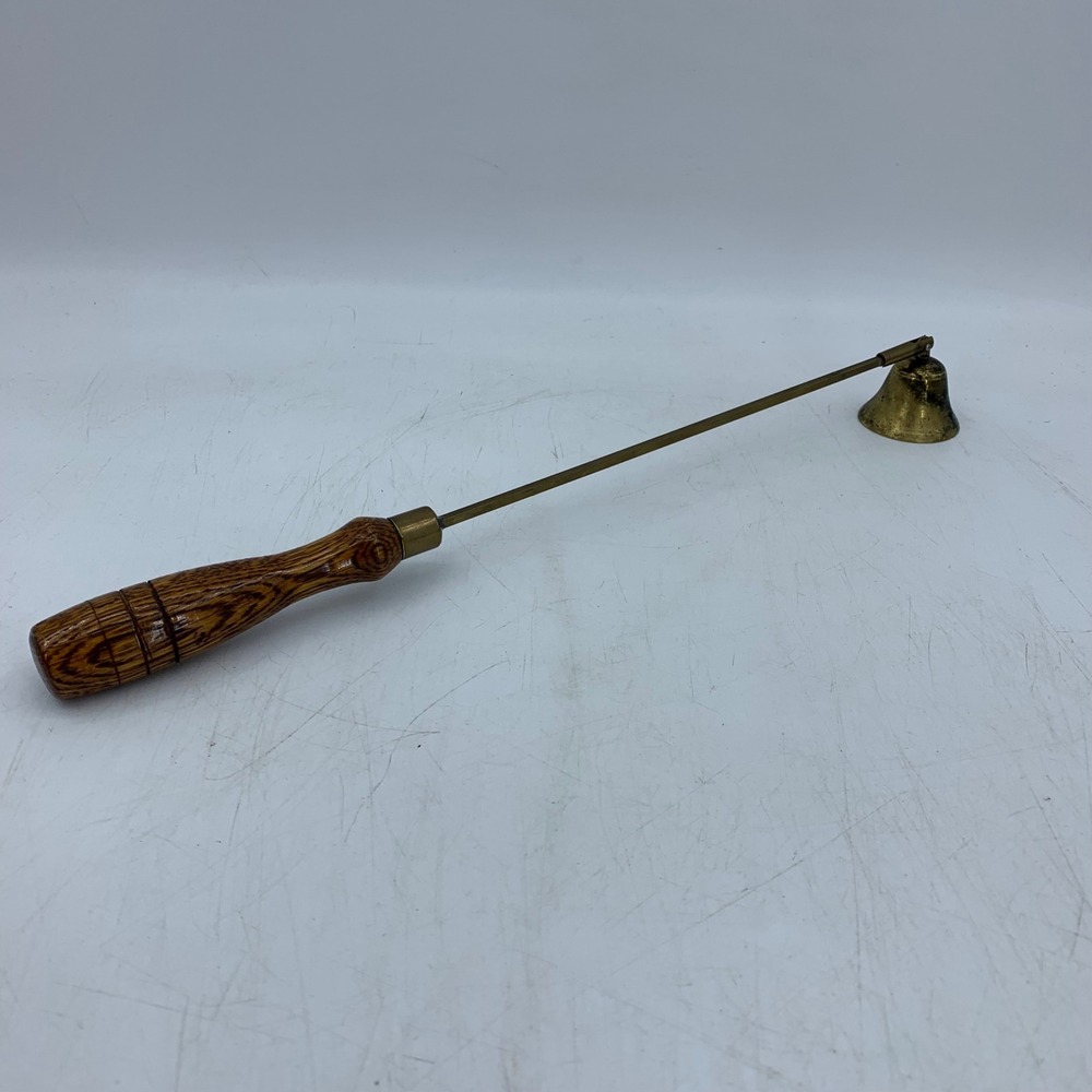 Vtg Brass Candle Snuffer Turned Wood Handle Swivel Bell Hearth Prim Farmhouse